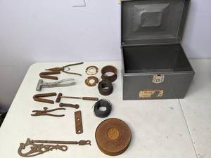 lot 344 image: Antique and Vintage Hand Tools, Iron Pieces and Metal Lock Box - N