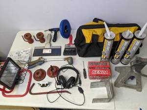 lot 331 image: Miscellaneous Garage Items Subfloor Adhesive, Taping Knife, DeWalt, Crowbar, Etc. - N
