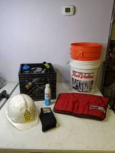 lot 375 image: Collection of Construction Gear Hardhat, BucketBoss Bucketeer, Buckets, and More - N