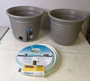lot 377 image: Lot of Two NEW Suncast Hose Pots and NEW Gilmour 25 ft. Drinking Water Safe Hose - N