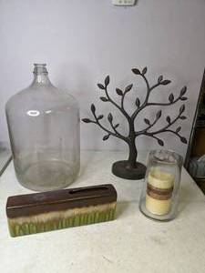 lot 384 image: Decorative Items Vintage MCA STD 1970 6.5 Gal Jug, Hallmark Metal Tree, Candle Holder, PlanterVase - N