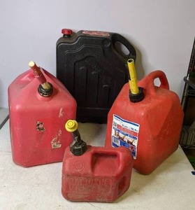 lot 302 image: Set of 3 Gas Cans and Drain Container - N