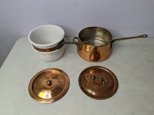 lot 351 image: Vintage CopperBrassCeramic Double Boiler - N