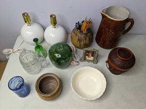 lot 353 image: Lot of 12 Ceramic and Glass Pieces, Vintage Mary Gregory Bell, Antique Brown Pitcher and More - N