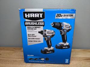 lot 32 image: HART 20-Volt Cordless Brushless Drill and Impact Combo Kit with 10-inch Storage Bag, (2) 2.0Ah Lithium-Ion Batteries - T