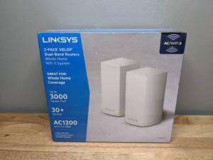 lot 23 image: Brand new Linksys Velop Dual Band Intelligent Mesh WiFi System, White, 2 Pack (AC1200) - T