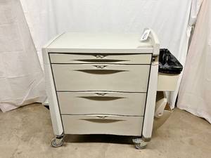 MSRP $3000 AVALO MEDICAL MEDICATION PROCEDURE 4 DRAWER CART WITH SLIDE OUT SIDE TRAY FOR EXTRA WORK SPACE &amp LARGE LOCKING WHEELS - GOOD CONDITION LOCK HAS BEEN REMOVED... LARGE 44 TALL 38 WIDE 24 DEPTH