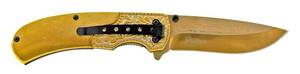5 Stainless Steel Drop Point Folding Pocket Knife with Belt Clip - Gold and Wood - 3.5 Blade