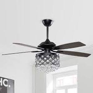 lot 17 image: Modern 52 in. Indoor Black Downrod Mount Crystal Chandelier Ceiling Fan with Light and Remote Control