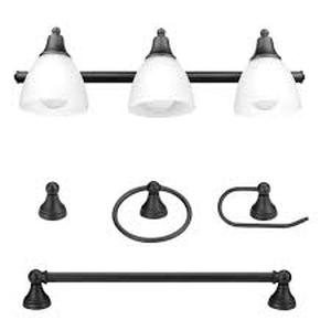 lot 19 image: Globe Electric Jayden 3-Light Oil Rubbed Bronze Vanity Light with Frosted Glass Shades and 4-Piece Bath Set
