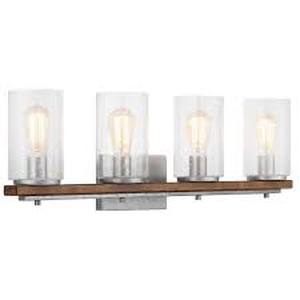 lot 39 image: Hampton Bay Boswell Quarter 4-Light Galvanized Vanity Light with Painted Chestnut Wood Accents