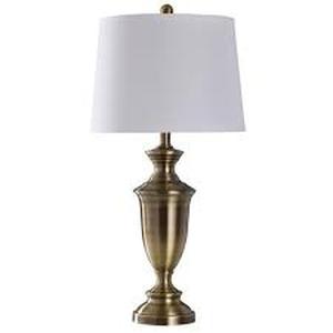 lot 87 image: 30 in. Antique Brass Table Lamp with Heavy White Hardback Fabric Shade