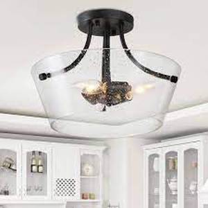 lot 44 image: 13 in. Modern Black Drum Semi Flush Mount Ceiling Light with Seeded Glass Shade
