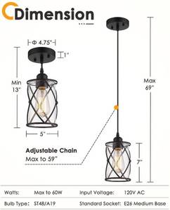 lot 211 image: Osimir Industrial Cage Pendant Light 2 Pack, Black Finish with Clear Glass