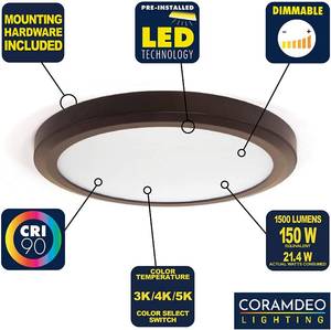 lot 143 image: 15 LED Low Profile Flush Mount Round Ceiling Fixture, White & Bronze