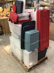 Pallet with assorted Storage Containers  Plastic Bin various sizes and conditions some missing covers See Pictures