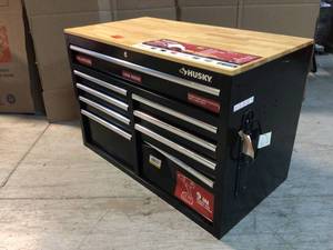 46 in. W x 24 in. D 9-Drawer Gloss Black Deep Tool Chest Mobile Workbench with Hardwood Top by Husky  Customer Returns See Pictures