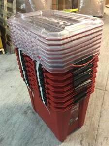 Lot of 28-Gal. Professional Duty Waterproof Storage Container with Hinged Lid in Red by Husky Customer Returns See Pictures