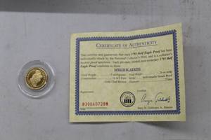 lot 857 image: 1795 Half Eagle Proof 13mg 24K Gold Clad Bronze Collectors Coin, Certificate of Authenticity (in case)