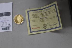 lot 853 image: 1849 Double Eagle Proof 31mg 24K Gold Clad Bronze Collectors Coin, Certificate of Authenticity (in case)