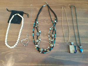 lot 56 image: Collection of Sterling Silver Jewelry, Gold Plated Necklace, & Strand of Faux Pearls