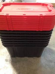 Lot of 35 Gal. Latch and Stack Tote in Red and Black by Husky Customer Returns See Pictures