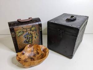 Beautiful Vintage Storage Collection-Wine Caddy 11.25 x 4.75 x 12  Mid-Century Midwern Hand-Carved Wooden Bowl 3.5 X 11  Vintage Case with Key  10.5 x 14 x 12