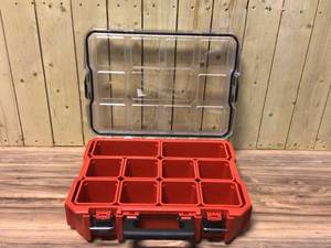 lot 82 image: Milwaukee 10-Compartment Red Deep Pro Portable Tool Box with Storage and Organization Bins for Small Parts Customer Returns See Pictures