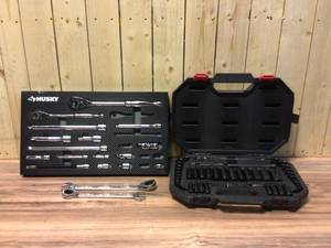lot 10 image: HUSKY 60 PCS MECHANICS TOOL SET WITH 100 POSITION RATCHET PLUS  Husky 14 in., 38 in. and 12 in. 144-Position Ratchet and Accessory Set in EVA (22-Piece) Customer Returns See Pictures
