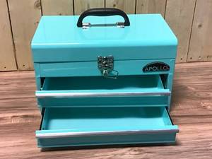 lot 12 image: APOLLO 14 in. Aqua Green 2-Drawer Hand Tool Box  SEE PICS FOR DAMAGE Customer Returns See Pictures