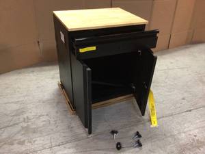 lot 104 image: Heavy Duty Welded 20-Gauge Steel 1-Drawer 2-Door Garage Base Cabinet in Black (28 in. W x 32 in. H x 21.5 in. D) by Husky  Customer Returns See Pictures