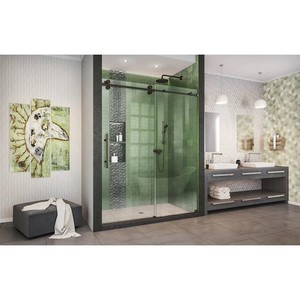 lot 107 image: DreamLine Enigma-XO 76-in H x 56-in to 60-in W Frameless Sliding Oil Rubbed Bronze Shower Door (Clear Glass), SHDR-61607620-06.