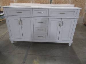 lot 123 image: Home Decorators Collection Talmore 60 in. Double Vanity in Sky Grey with Vanity Top with White Basin VA-FC0201 - Cracked Top, Crack in Back RH Foot.
