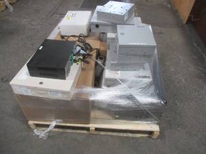 lot 127 image: MIXED PALLET OF MISCELLANEOUS SECURITY SWITCHES, AC CABLES, ELECTRICAL BOXES, CAMERAS AND MORE