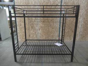 lot 136 image: DHP Full-over-Full Bunk Bed for Kids, Metal Frame with Ladder, Black, 5530096 - Assembled.