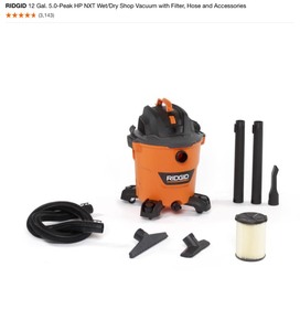 RIDGID 12 Gal. 5.0-Peak HP NXT WetDry Shop Vacuum with Filter, Hose and Accessories. See Pictures