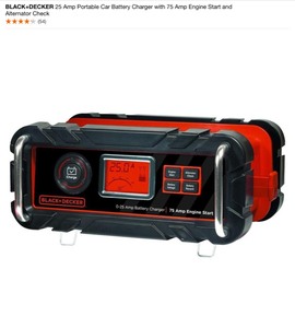 BLACKDECKER 25 Amp Portable Car Battery Charger with 75 Amp Engine Start and Alternator Check. See Pictures