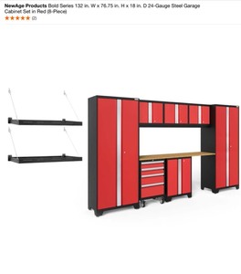 NewAge Products Bold Series Red Locker, Mobile Tool Drawer, Wall Cabinet & 72 in. Bamboo WorkTop. See Pictures
