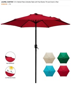 lot 4 image: LAUREL CANYON 7.5 ft. Market Patio Umbrella Table with Push Button Tilt and Crank in Red. See Pictures