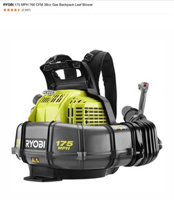 lot 8 image: RYOBI 175 MPH 760 CFM 38cc Gas Backpack Leaf Blower. Out of Box, Used and Complete. See Pictures