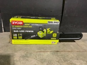 lot 19 image: RYOBI 40V Brushless 14 in. Cordless Battery Chainsaw (Tool Only). See Pictures