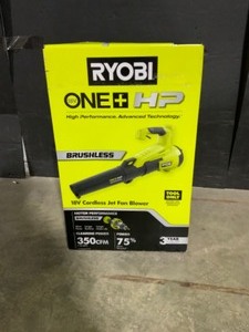 lot 21 image: RYOBI ONE HP 18V Brushless 110 MPH 350 CFM Cordless Variable-Speed Jet Fan Leaf Blower (Tool Only). See Pictures