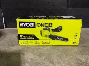 lot 37 image: RYOBI ONE 18V 8 in. Cordless Battery Pruning Chainsaw with 2.0 Ah Battery and Charger. See Pictures