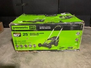 lot 55 image: Greenworks PRO 25 in. 60V Battery Self Propelled Walk-Behind Lawn Mower with (2) 4.0 Ah Batteries and Charger. See Pictures