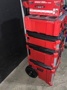 lot 56 image: Milwaukee PACKOUT 22 in. Modular Tool Box Storage System, 20 in. Deep Organizer & Vented Hard Hat with SpotFlood Headlamp Kit. See Pictures