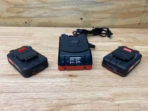 lot 26 image: BAUER 20v- 1.7 A Rapid Charger with 2- 20v 1.5 AH Lithium Batteries