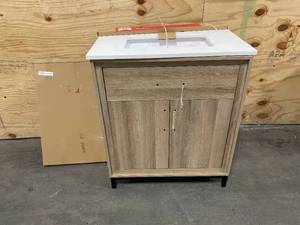 lot 105 image: STYLE SELECTIONS Sancroft 30-in Oak Undermount Single Sink Bathroom Vanity with White Engineered Stone Top (Mirror Included)
