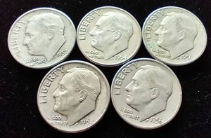 5 90% Silver Roosevelt Dimes
