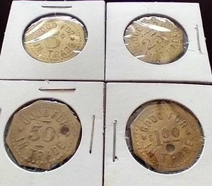 4 Tokens From Grand Forks Cigar Store - 5c, 25c, 50c, $1