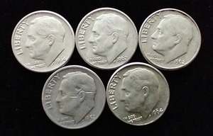 5 90% Silver Roosevelt Dimes